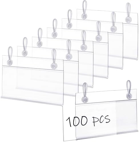 Elsjoy 100 Pack Plastic Wire Shelf Label Holders, 4" x 2.3" Clear Price Tag Holder Sign & Ticket Holder with Double Snap Lock Closure, Reusable Basket Label Holders for Market, Retail Shop, Pantry
