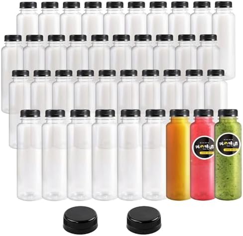 48pcs 7oz Plastic Juice Bottles with Caps, Empty PET Disposable Plastic Bottles, Clear Bulk Drink Containers with Black Tamper Evident Lids for Juicing, Drinking and Other Beverages