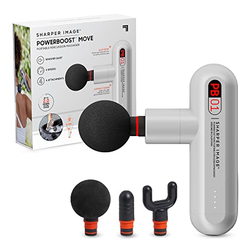 Sharper Image Deep Tissue Portable Percussion Massage Gun, Powerboost Move Full Body, Back & Neck Muscle Massager with 4 Attachments - Handheld Rechargeable Electric Massage Gun for Athletes