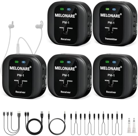 Wireless in-Ear Monitor System - UHF 500MHz, Low Latency, Auto-Pairing, 1 Beltpack Transmitter & 4 Receivers, 10 Channels, Mono/Stereo Selection, IEM for Live Shows, Studio, Bands (PM-1-4R)