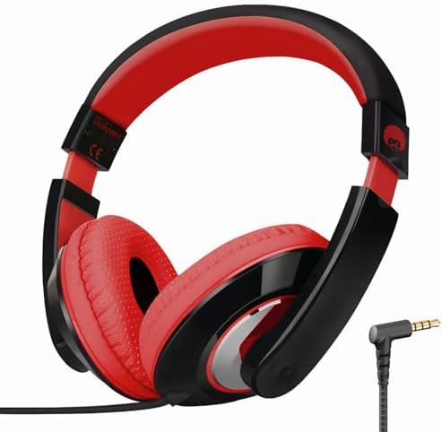 rockpapa Comfort Kids Headphones for School, Lightweight Childrens Boys Girls Teens Over-Ear Headphones Wired 3.5mm for CD DVD Player Tablet Phone Travel Black/Red