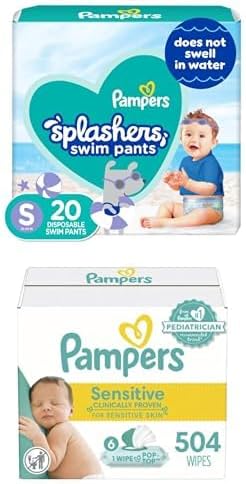 Pampers Splashers Swim Diapers - Size S, 20 Count, Gap-Free Disposabl + Pampers Sensitive Baby Wipes, Water Based, Hypoallergenic and Unscented, 6 Flip-Top Packs (504 Wipes Total) [Packaging May Vary]