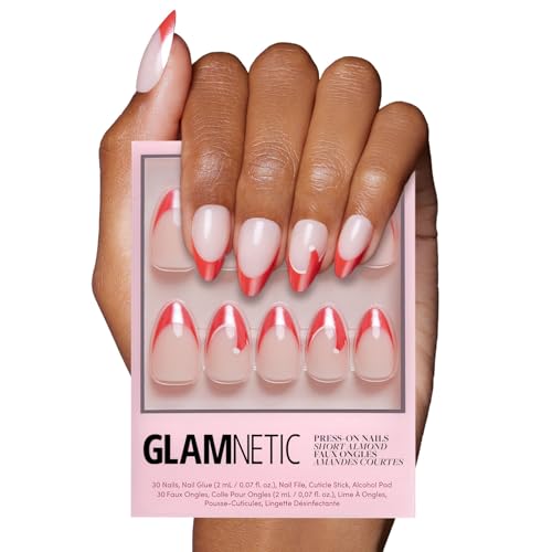 Glamnetic Press On Nails - Mrs. Claus | Semi-Transparent Red French Tip Santa Hat Short Almond False Nails, Reusable Stick On Fake Nails with Glue | Salon Quality | 15 Sizes - 30 Nail Kit