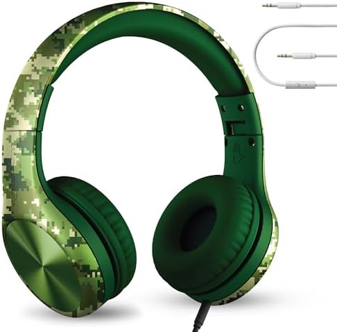 LilGadgets Connect+ Pro Wired Kids Headphones for School with Microphone, Volume Limiting & Noise Reduction Over-Ear Headset with Cord, SharePort Technology & SoftTouch Padding, Digital Camo