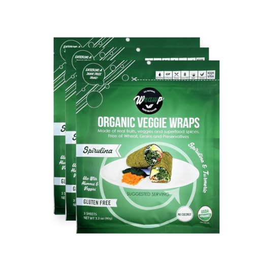 WrawP Organic Mini Veggie Wraps - SPIRULINA (3 pack) SHELF STABLE, All Natural, Gluten Free, Paleo, Raw Vegan. Perfect for Wraps, flat bread, snack, chips