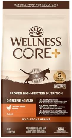 Wellness CORE+ Adult Dry Cat Food for Indoor and Outdoor Cats, Wholesome Grains, Natural, Digestive Health Chicken & Rice (5 Pound Bag)