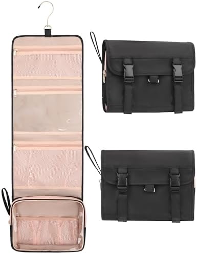 Relavel Travel Hanging Toiletry Bag, Waterproof Hanging Toiletry Bag Set for Women, Compact Cosmetic Bag Organizer with Hanging Hook, Makeup Organizer for Bathroom Shower (Black with Rose Gold)