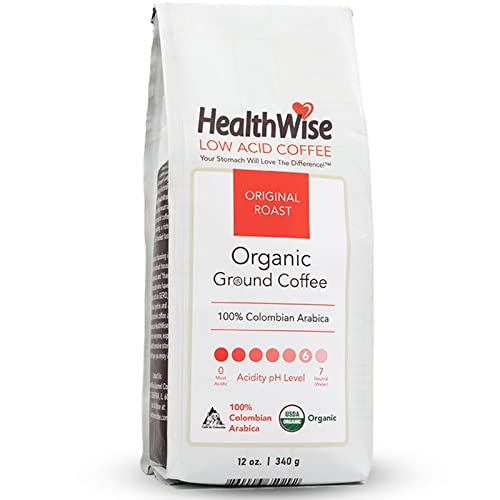 HealthWise Low Acid Organic Ground Coffee | Colombian Arabica Original Roast | Healthier Coffee for Sensitive Stomachs - Acid Reflux, Heartburn, Gastro Issues | 12 oz. - 340 g