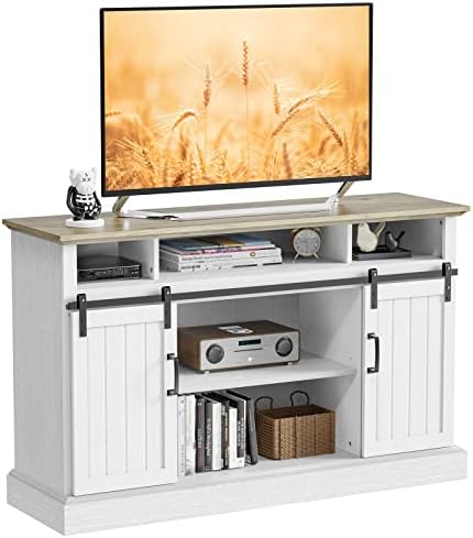 Pipishell White TV Stand for up to 65 inch TVs, White Entertainment Center with Large Storage Space, Adjustable Shelves & Cable Management, Sliding Barn Door TV Stand Holds up to 200 lbs, PIWTS02W