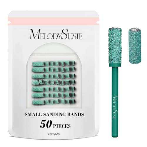 MelodySusie 50 Pcs Nail Drill Bits Small Sanding Bands with 3.1mm Mandrel Bit, 120 Medium Grit Nail File for Acrylic Nails Gel Manicures and Pedicure, Dark Green
