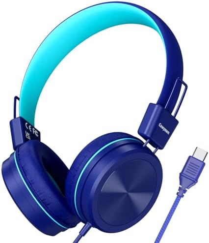 USB Type C Kids Headphones for School, 94dB Volume Limited, Kids Headphones with USB C Cord, HD Stereo Sound, Foldable Lightweight On-Ear Wired Headphones for Kids/Children/Teens/Boys