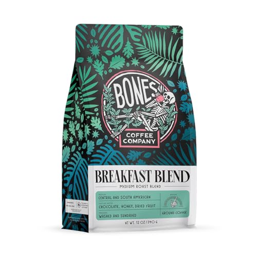 Bones Coffee Company Breakfast Blend Flavored Coffee Beans, Medium Roast Ground Coffee Low Acid (12 oz)