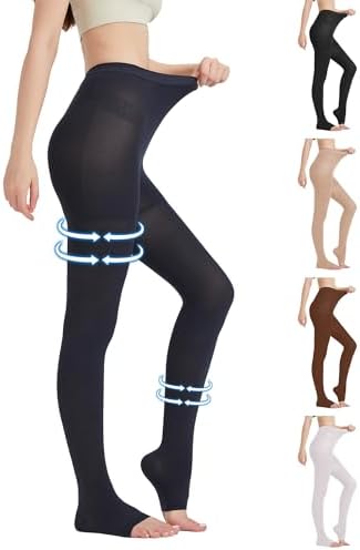 MGANG Medical Compression Pantyhose for Women & Men, 15-20mmHg Graduated Compression Support Tights, Open Toe, Opaque Waist High Compression Stockings for Edema, Varicose Veins, Flight, Navy Blue XL