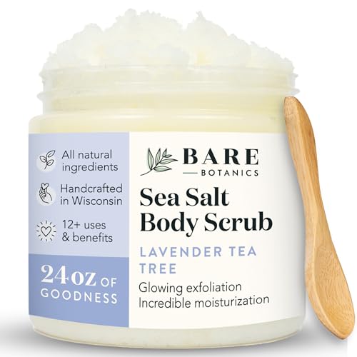 Bare Botanics Lavender Tea Tree Body Scrub 24oz | Made in Madison, WI | All Natural Sea Salt Exfoliator w/ Skin Loving Moisturizers | Vegan & Cruelty Free | Gift Ready Packaging w/ a Cute Wooden Spoon