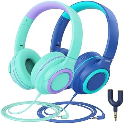 iClever 2Pack Kids Headphones with Sharing Splitter - 85dBA Safe Volume Limited - HS22 Wired Headphones for Kids Teens, Tangle-Free 3.5mm Jack Foldable Stereo Headphones for School/Tablet/Travel