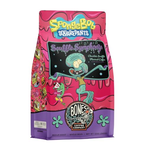 Bones Coffee Company Spongebob Souffle Symphony Flavored Coffee Beans, Whole Bean Coffee Medium Roast Low Acid, Chocolate Souffle Flavor (12 oz)