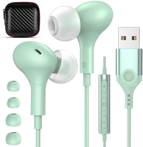 USB Headphones with Microphone for Laptop, 7.5ft Magnetic Wired Earbuds Noise Canceling in-Ear Earphones with Mute Volume Control Stereo Bass for PC Desktop Dell HP Acer Laptop Meetings,Teens,Green