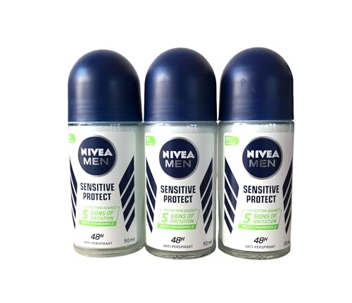 (Pack of 3 Bottles) Nivea SENSITIVE PROTECT Men's Roll On Anti-perspirant Deodorant (Pack of 3 Bottles, 1.7oz / 50ml Glass Bottle)
