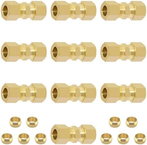 Brass Compression Tube Fitting, 10 PCS 3/8" OD Compression Union Connectors & 10 PCS Compression Sleeves Ferrules