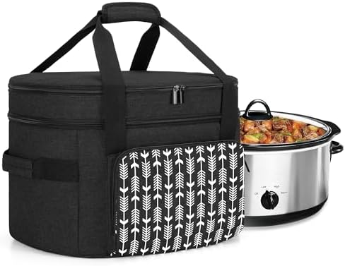 YARWO Slow Cooker Travel Bag with Bottom Board Compatible with Crock-Pot and Hamilton Beach 6 7 8 Quart Oval Slow Cooker, Double Layers Slow Cooker Carrier, Black with Arrow (Bag Only, Patent Pending)