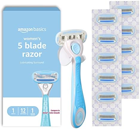 Amazon Basics 5-Blade Razor for Women, Handle, 12 Cartridges & Shower Hanger (Cartridges fit Amazon Basics Razor Handles only) 14 Piece Set, Blue