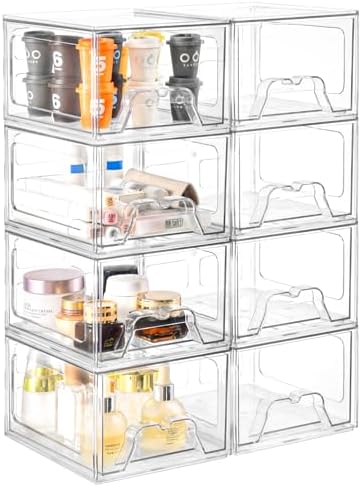 8 Pack Stackable Makeup Organizer, 4.4'' Tall Acrylic Bathroom Makeup Organizer and Storage Drawer with Pull-out Handle, Clear Plastic Storage Bins for Vanity,Pantry,Desk,Undersink,Kitchen