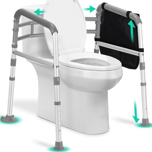 TABEKE Toilet Safety Rails for Seniors, Adjustable Height & Width Toilet Safety Frames with Handles, Foldable Toilet Rails for Disabled Elderly Fit Most Toilets (w. Suction Cups)