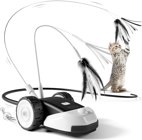 CYROS 3-in-1 Interactive Cat Toy - 2-Speed Automatic Moving Mouse Cat Toys Self Play with 2pcs Hanging Feather String Ribbon and Wiggly Silicone Mice Tail for Bored Indoor Adult Cats Kittens