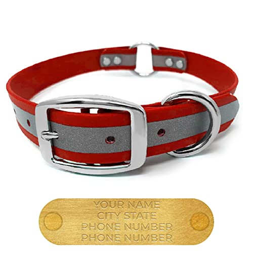 Regal Dog Products Large Red Reflective Dog Collar with Custom Engraved Name Plate and Heavy Duty Center Ring | Waterproof Biothane Personalized Dog Collars - Other Sizes for Small & Medium Dogs