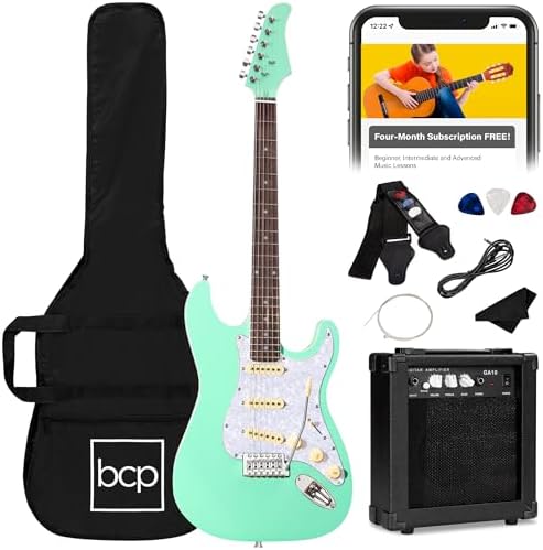 Best Choice Products 39in Full Size Beginner Electric Guitar Starter Kit w/Case, Strap, 10W Amp, Strings, Pick, Tremolo Bar - SoCal Green