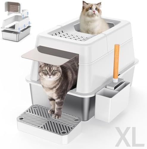 Stainless Steel Litter Box with Lid, XL Extra Large Enclosed Cat Litter Box for Big Cats 110° Flip Cover, Top Entry Metal High Sided Litter Box & Pedal & Scoop, Anti-Leakage (White)