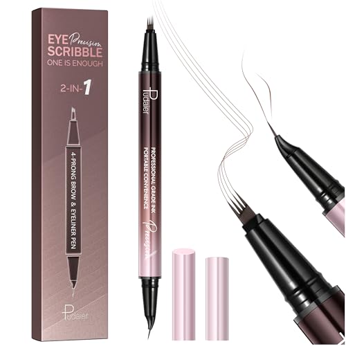 Curved Eyebrow Pen, 2 in 1 Dual Ended Microblading Eyebrow Pencil, Waterproof and Last All Day 4 Tip Brow Pencil with Precise Tip, Create Natural Hair Like Brows and Eyeliner (Natural Brown)