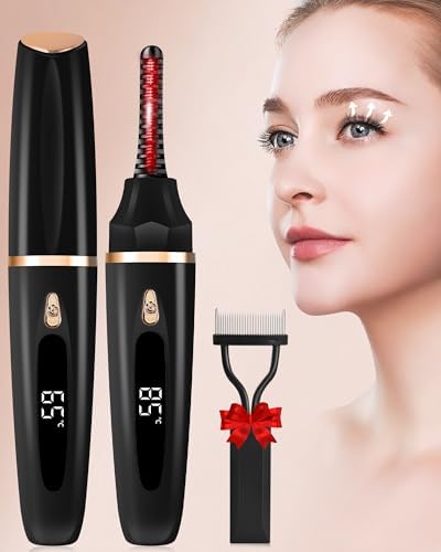 Heated Eyelash Curlers - Eye Lash Curler Heat with Eyelash Comb - Electric Eyelash Curler - Rizador De Pestañasey LED Display 3 Temp Settings USB Charge Natural Curling 24H for Women Makeup Tool Gifts