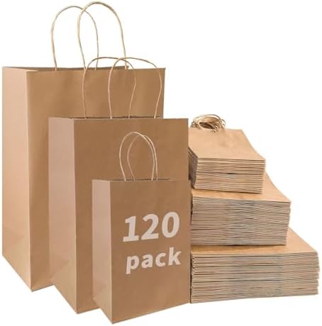 FACEBAG 120 Pack Brown Paper Bags with Handles Mixed Size,Recyclable Kraft Paper | Ideal for Gifts, Shopping, Boutique, Packaging, Merchandise, Grocery and Craft.