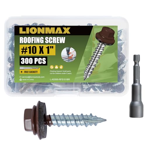 LIONMAX Metal Roofing Screws #10 × 1 Inch, 300-PCS, Brown Painted Hex Head Sheet Metal Roof Screws, Rubber Washer, Sharp Point, Metal to Wood Siding Screws, Hex Socket Included