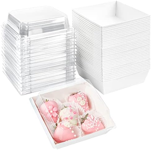 Ocmoiy White Charcuterie Boxes with Clear Lids 4x4 Inch, 100 Pack Square Kraft Bakery Cake Slice Boxes with Window, Dessert To Go Containers (100)