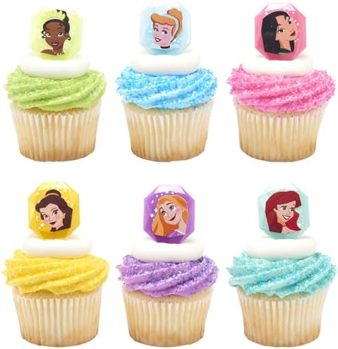 DecoPac Disney Princess Gemstone Rings, Cupcake Decorations Featuring Mulan, Cinderella, Tiana, Belle, Rapunzel and Ariel, Multicolored 3D Food Safe Cake Toppers – 24 Pack