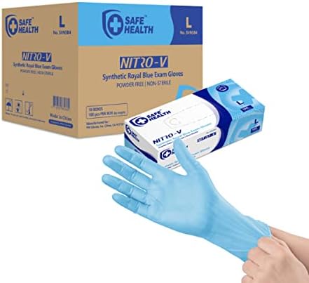Safe Health NITRO-V Nitrile-Vinyl Synthetic Exam Disposable Gloves, Latex Free, Powder Free, Blue, Case of 1000, Large, Medical Grade, Clinic, Nursing, Food, Hair Salon, Cleaning, Housework