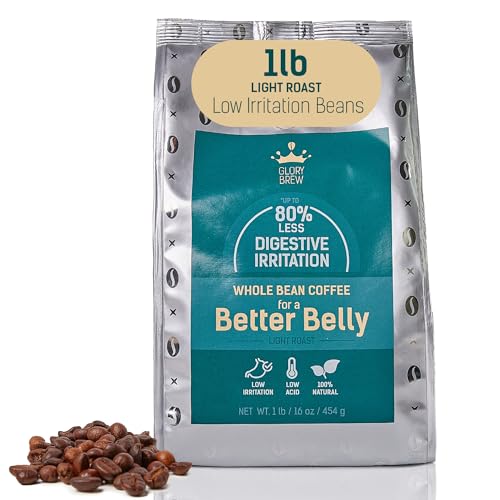 Glorybrew Low Acid Whole Bean Coffee 1 lb I Light Roast Coffee Beans I For Sensitive Stomachs - Less Irritation I Unique Screw Cap for Fresh Coffee I 100% Natural