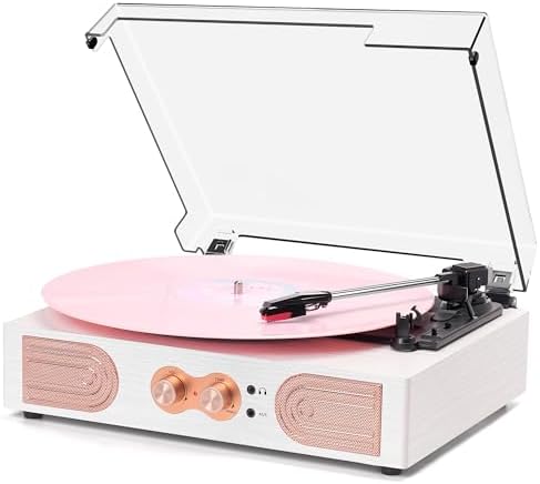 Vinyl Record Player with Built-in Speakers 3-Speed Vintage Record Player Support Treble& Bass Control, 3.5mm Headphone Jack, RCA-Out/Aux in, Belt-Driven LP Turntable,White Rose Gold