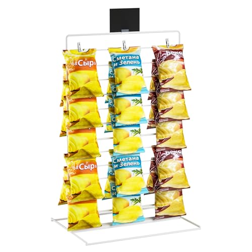 Potato Chip Display Rack, Snack Holder for Bags, Countertop Chip Bag Organizer Candy Cart Holder - Metal Stand with 60 Clips Perfect Chip Rack Display for Parties and Retail