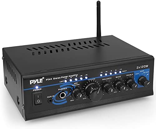 Home Audio Power Amplifier System - 2X120W Mini Dual Channel Mixer Sound Stereo Receiver Box w/ RCA, AUX, Mic Input - For Amplified Speakers, PA, CD Player, Theater, Studio Use - Pyle PTA4 Black