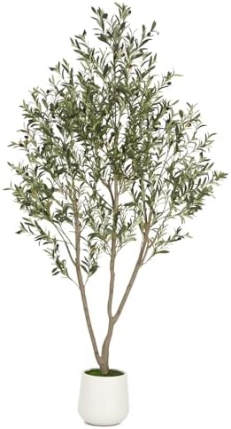 Olive Trees Artificial Indoor, 7FT Tall Faux Olive Tree with White Tall Planter, Artificial Plants with Natural Wood Trunk and Lifelike Fruits for Home Office Decor