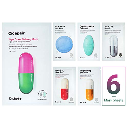 Dr.Jart Face Mask Set (6 pcs) with Cicapair in Korean Premium Skin Care Gift Packaging for Soothing, Anti-Wrinkle, Anti Aging, Rebuilding Skin Barrier for Women (Cica Care - Recovery)