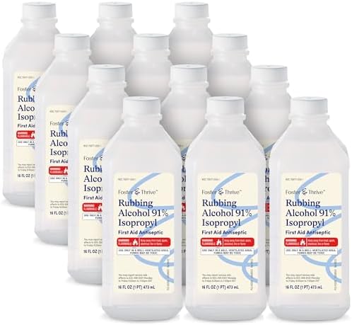 Foster & Thrive Rubbing Alcohol - 91% Isopropyl Alcohol, Concentrated First Aid Antiseptic - Safe and Effective - Liquid Solution for Treatment of Minor Cuts, Scrapes and Burns (16 Fl. oz) Pack of 12
