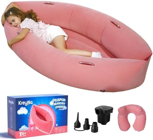 Sensory Chair Inflatable Peapod Canoe, 60" Sensory Pod Sitting for Autistic Children, ADHD Sensory Pea Pod with Neck Pillow, Electric Air Pump, Pink