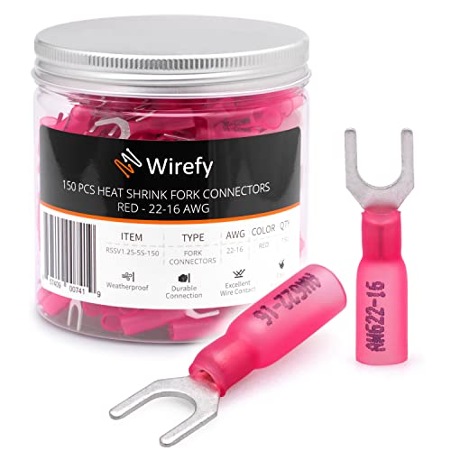 Wirefy 150 PCS Heat Shrink Fork Connectors #10 - a Resistant Fork Terminals - Spade Fork Wire Connectors - Red 22-16 Gauge