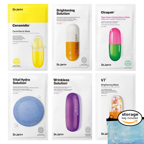Home & More Dr.Jart Face Mask 6 Pack With Ceramidin Facial Barrier Mask and Vitamin - Sheet Mask in Korean Premium Skin Care Gift Set for Anti Wrinkle, Anti Aging, Hydrating - Storage Bag Included