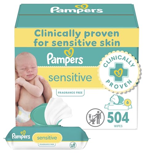 Pampers Baby Wipes Sensitive, Water Based Baby Wipes, Hypoallergenic and Unscented Baby Wipes, 504 Wipes Total (6 Flip-Top Packs)