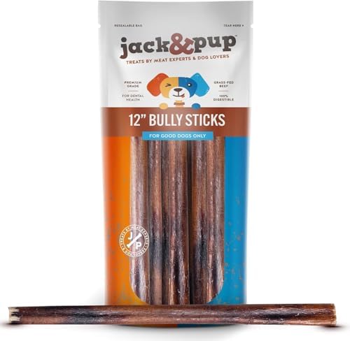 Jack&Pup Thick Bully Sticks | 12 Inch Bully Sticks for Large Dogs Aggressive Chewers | Single Ingredient, Odor Free, Long Lasting Dog Chews (10 Pack)